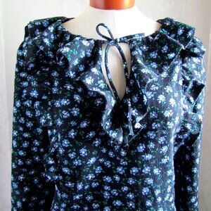 NAVY PRINT BLOUSE, M, LOFT RUFFLED LONG SLEEVE w BLUE & WHITE FLOWERS, NWOT